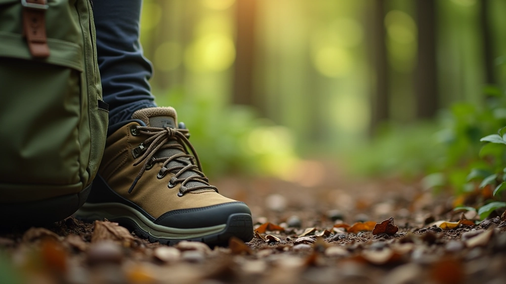 Lähevaade jalutuskingadele ja veepudelile maapinnal, mugav outdoor varustus, looduslik valgus