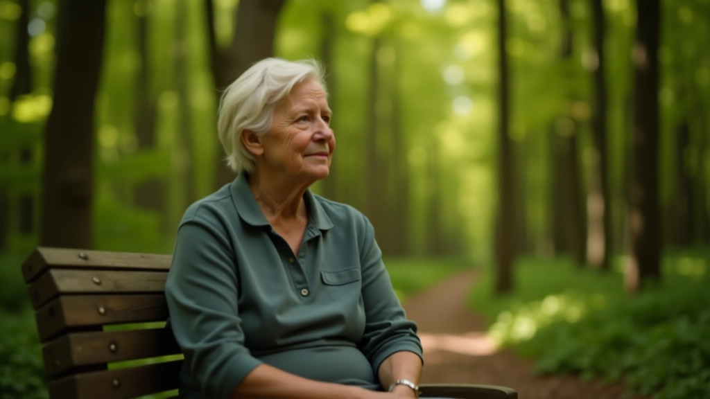 Pensionär istumas puhkepunktil metsas, metsa vaatavad silmad, rahulik seisukoht